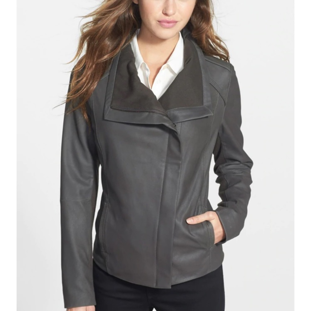 Elie Tahari Andreas Drape Gray Lamb Leather Jacket